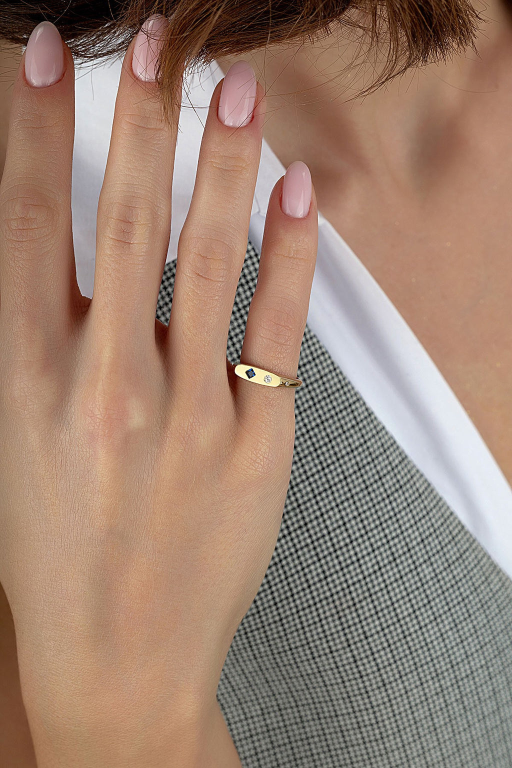Rectangular Blue Stone-Set Pinky Gold Ring