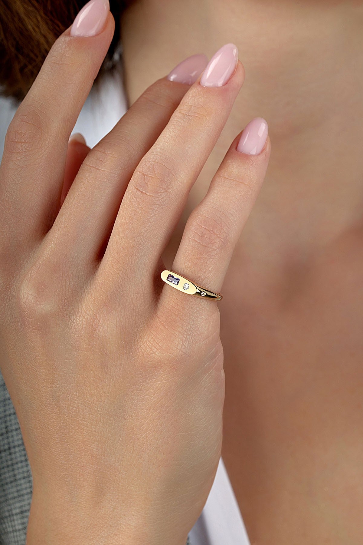 Rectangular Purple Stone-Set Pinky Gold Ring