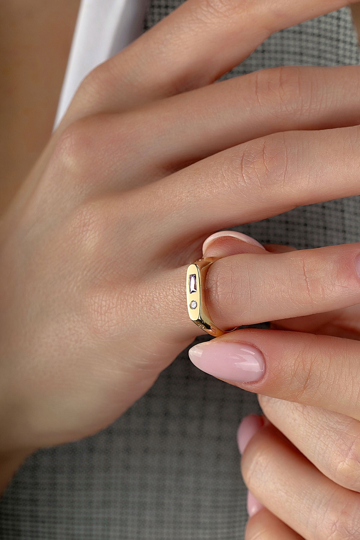Rectangular Purple Stone-Set Pinky Gold Ring