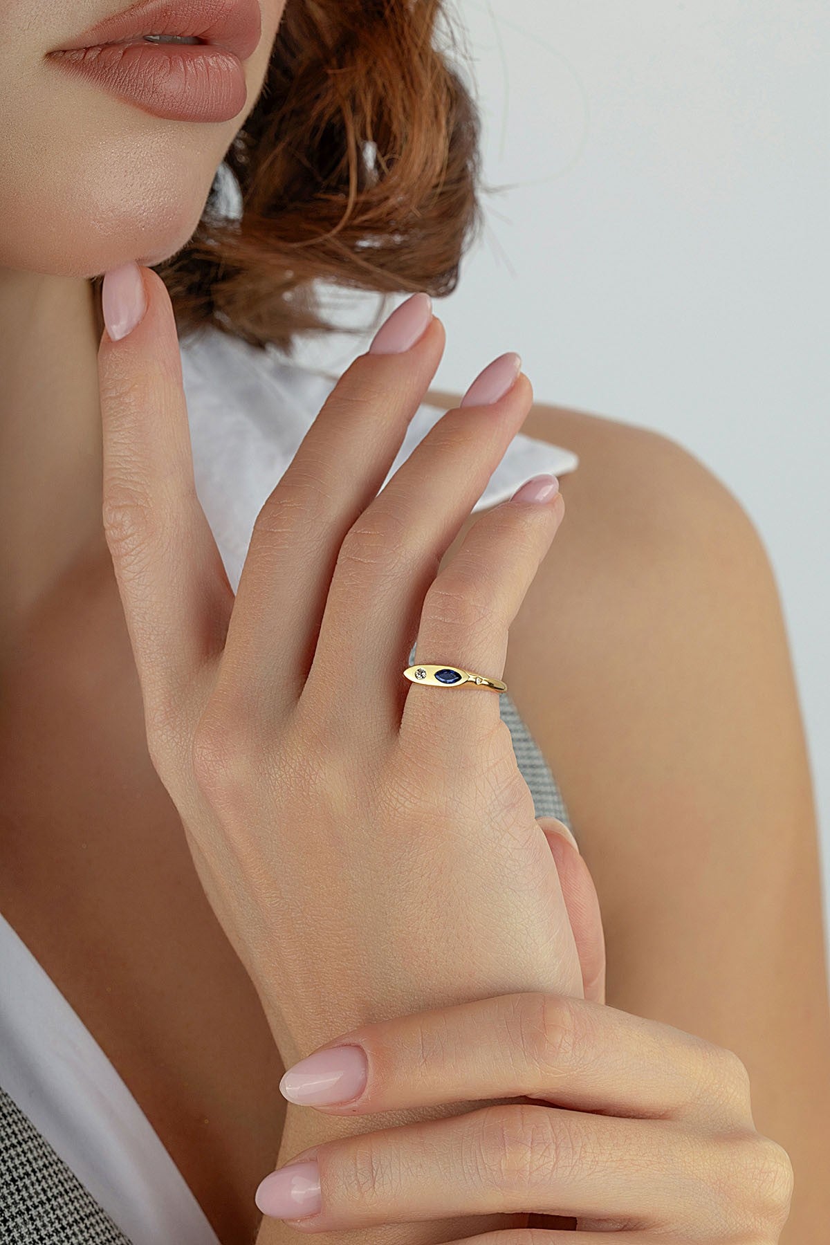 Diamond-Shaped Blue Stone-Set Pinky Gold Ring