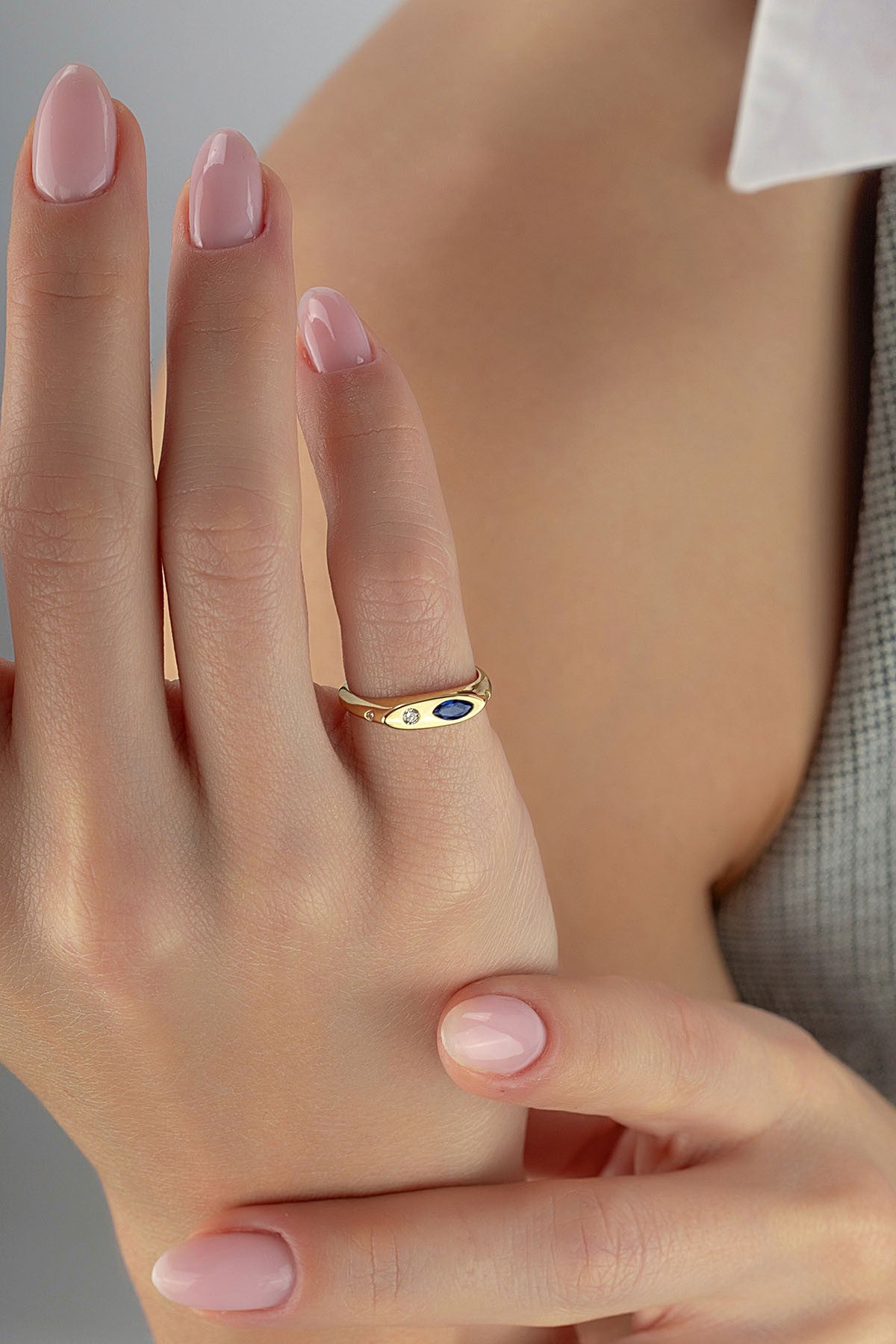 Diamond-Shaped Blue Stone-Set Pinky Gold Ring