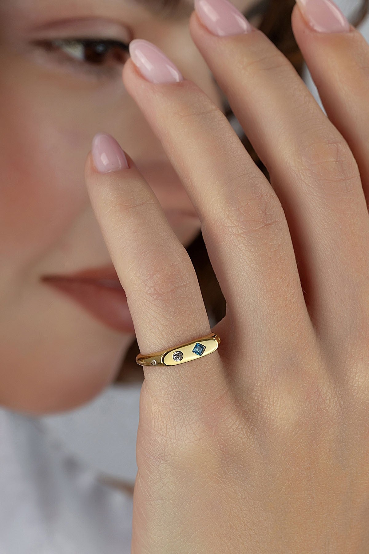 Rectangular Turquoise Stone-Set Pinky Gold Ring