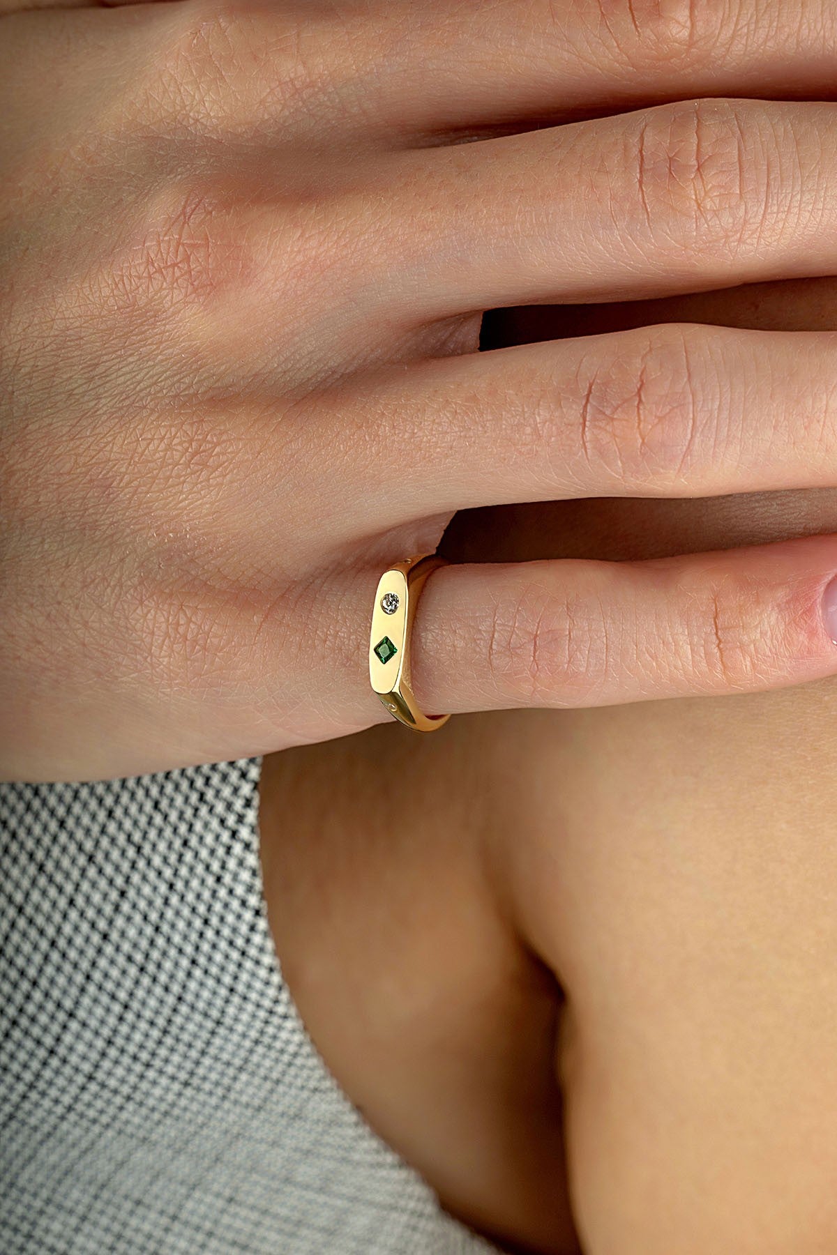 Rectangular Green Stone-Set Pinky Gold Ring