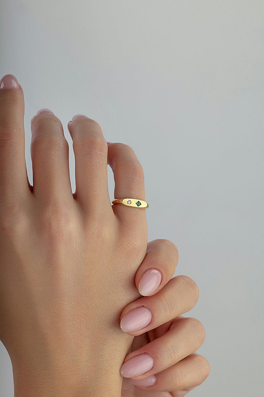 Rectangular Green Stone-Set Pinky Gold Ring