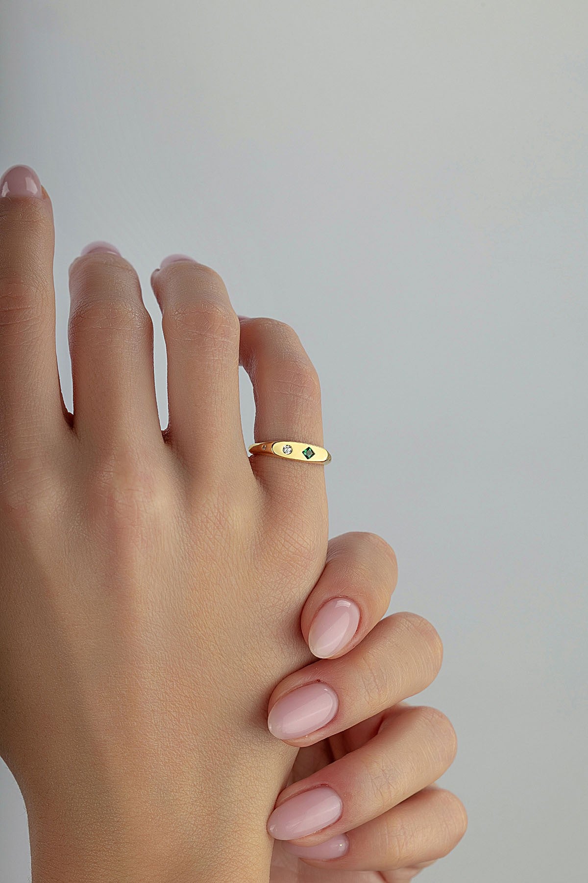 Rectangular Green Stone-Set Pinky Gold Ring