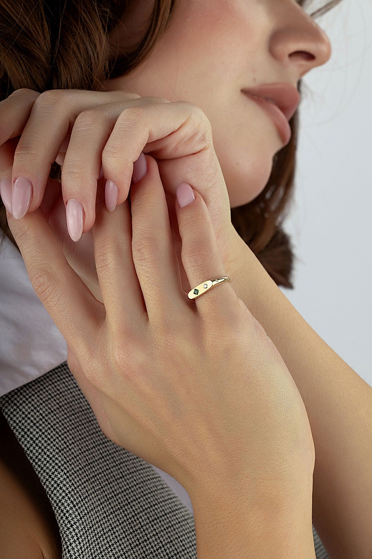 Rectangular Green Stone-Set Pinky Gold Ring