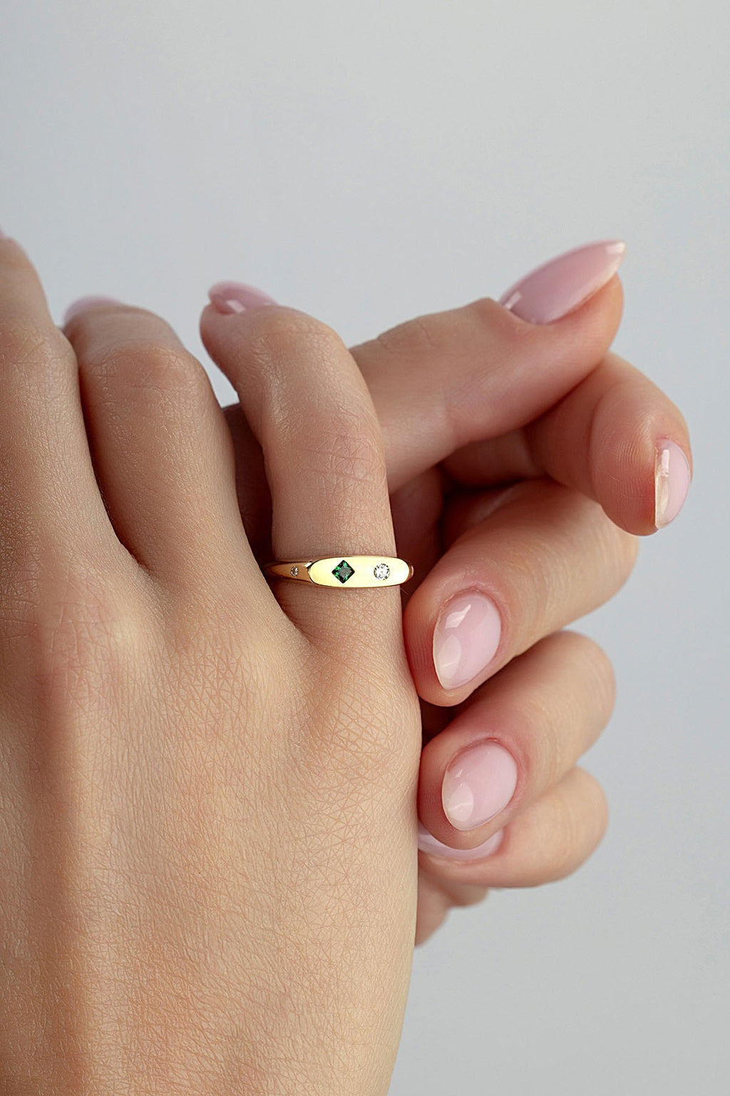 Rectangular Green Stone-Set Pinky Gold Ring