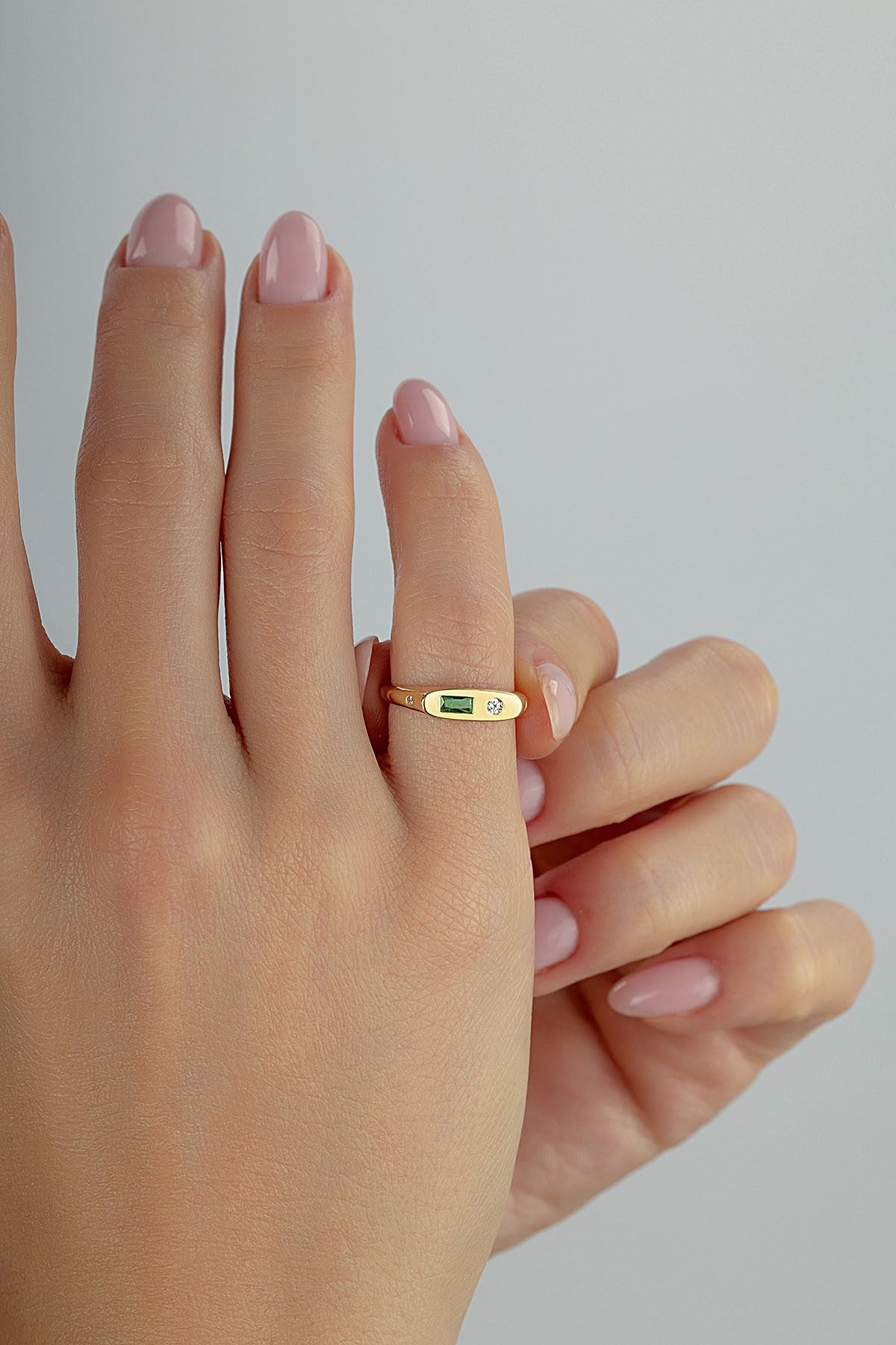Rectangular Green Stone-Set Pinky Gold Ring