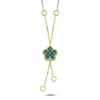 Reversible Blue White Floral Drop Gold Necklace Secondary image