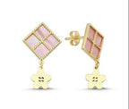 Pink Mother-of-Pearl Rectangular Drop Floral Gold Earrings