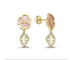 Pink Mother-of-Pearl Floral Dangle Leaf Gold Earrings