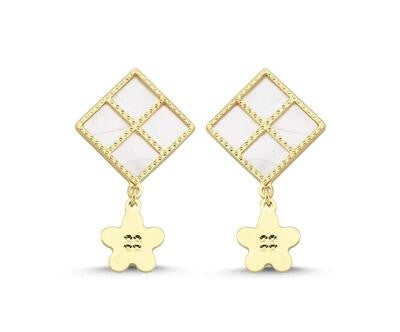 Pink Mother-of-Pearl Rectangular Drop Floral Gold Earrings