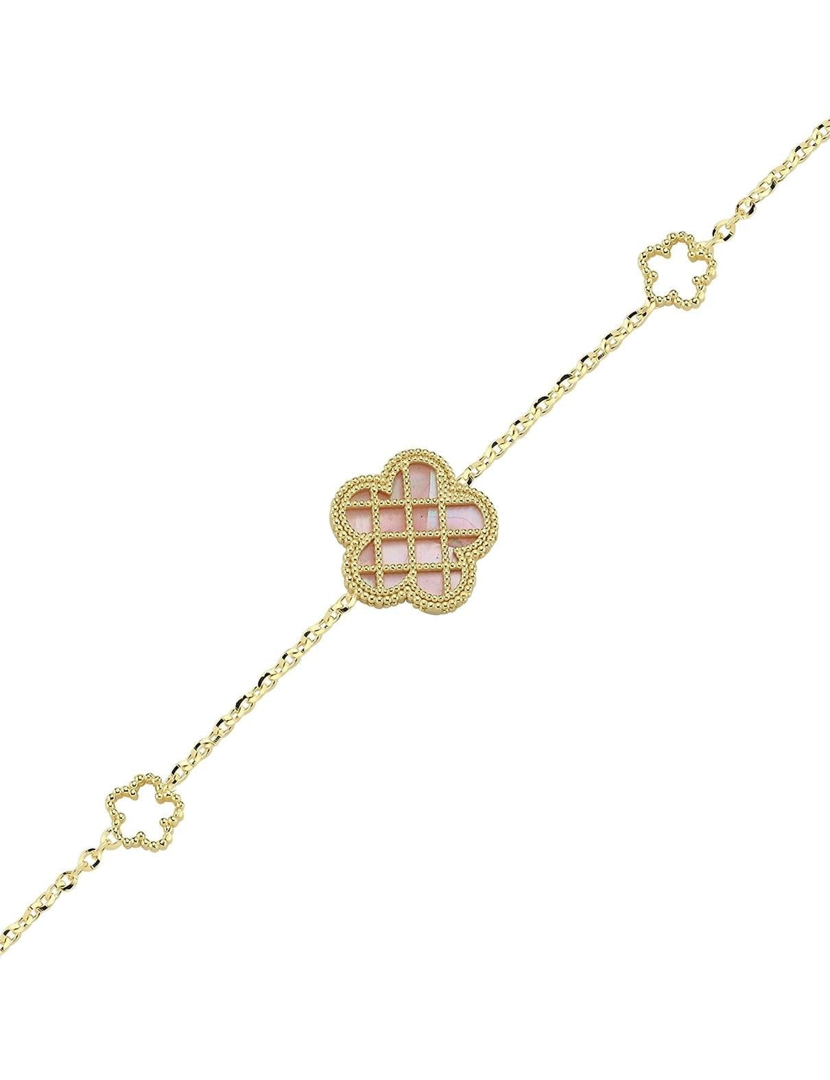 Reversible Pink White Mother-of-Pearl Floral Gold Bracelet