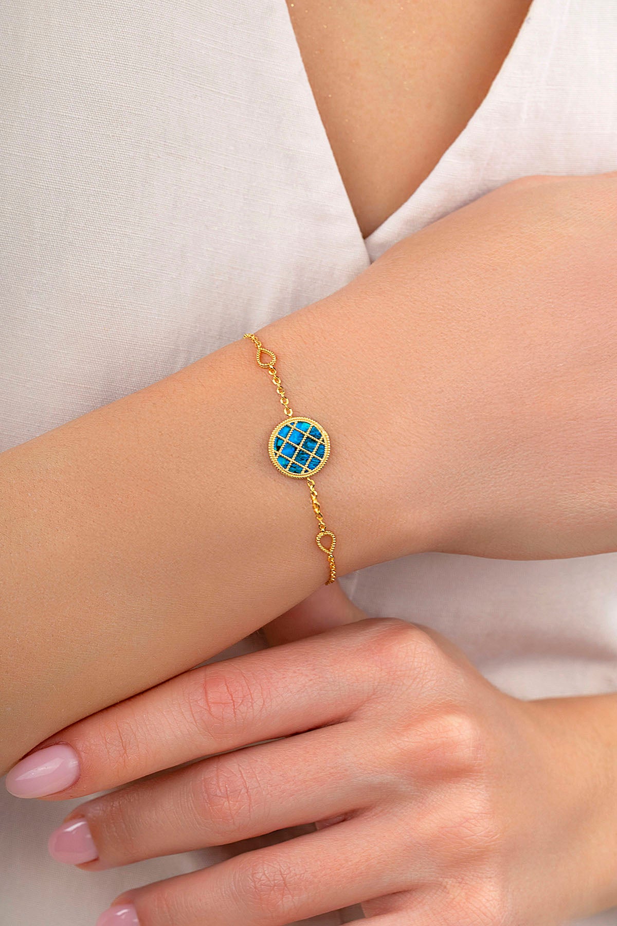 Reversible Blue White Mother-of-Pearl Gold Bracelet