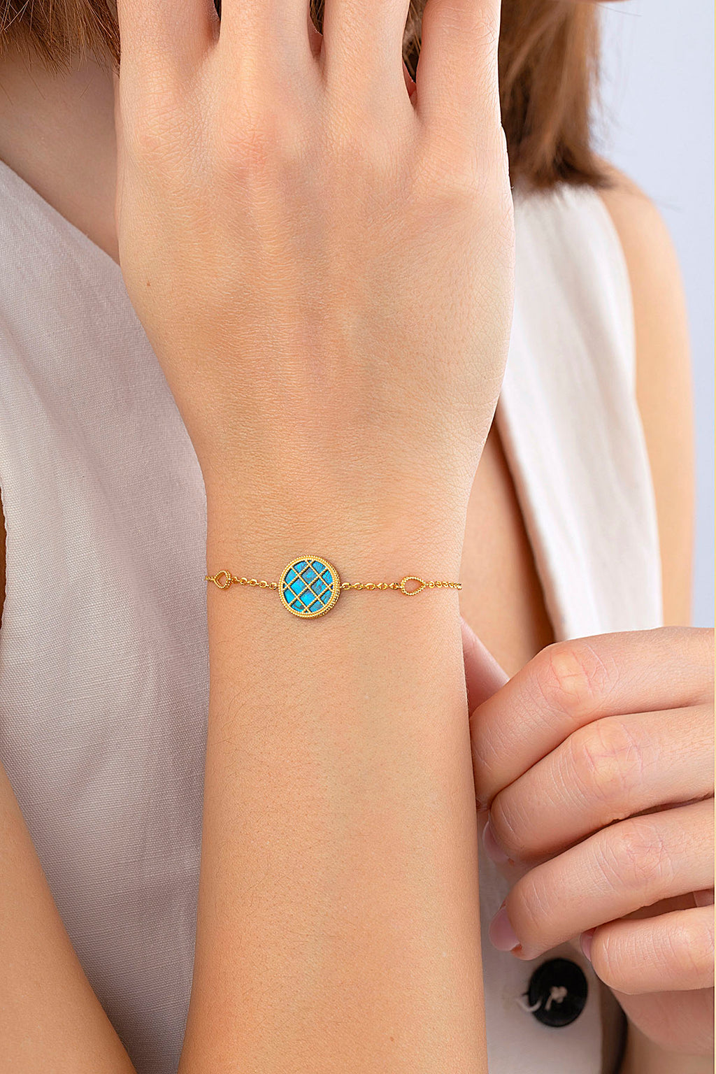 Reversible Blue White Mother-of-Pearl Gold Bracelet