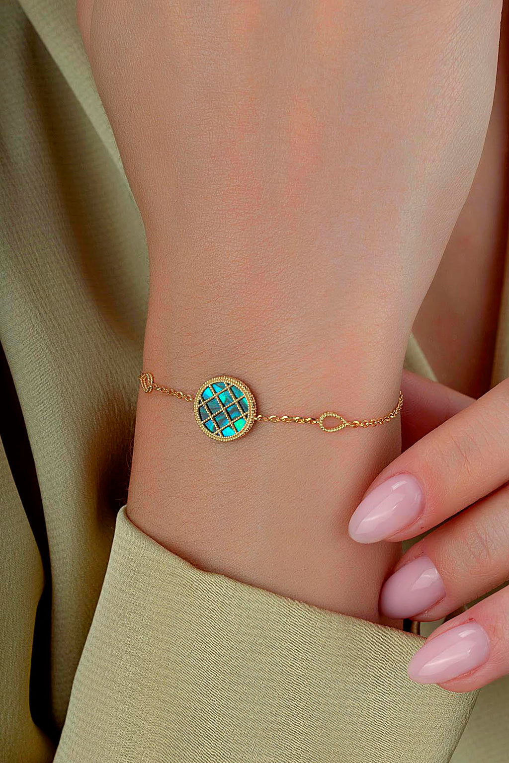 Reversible Green White Mother-of-Pearl Gold Bracelet