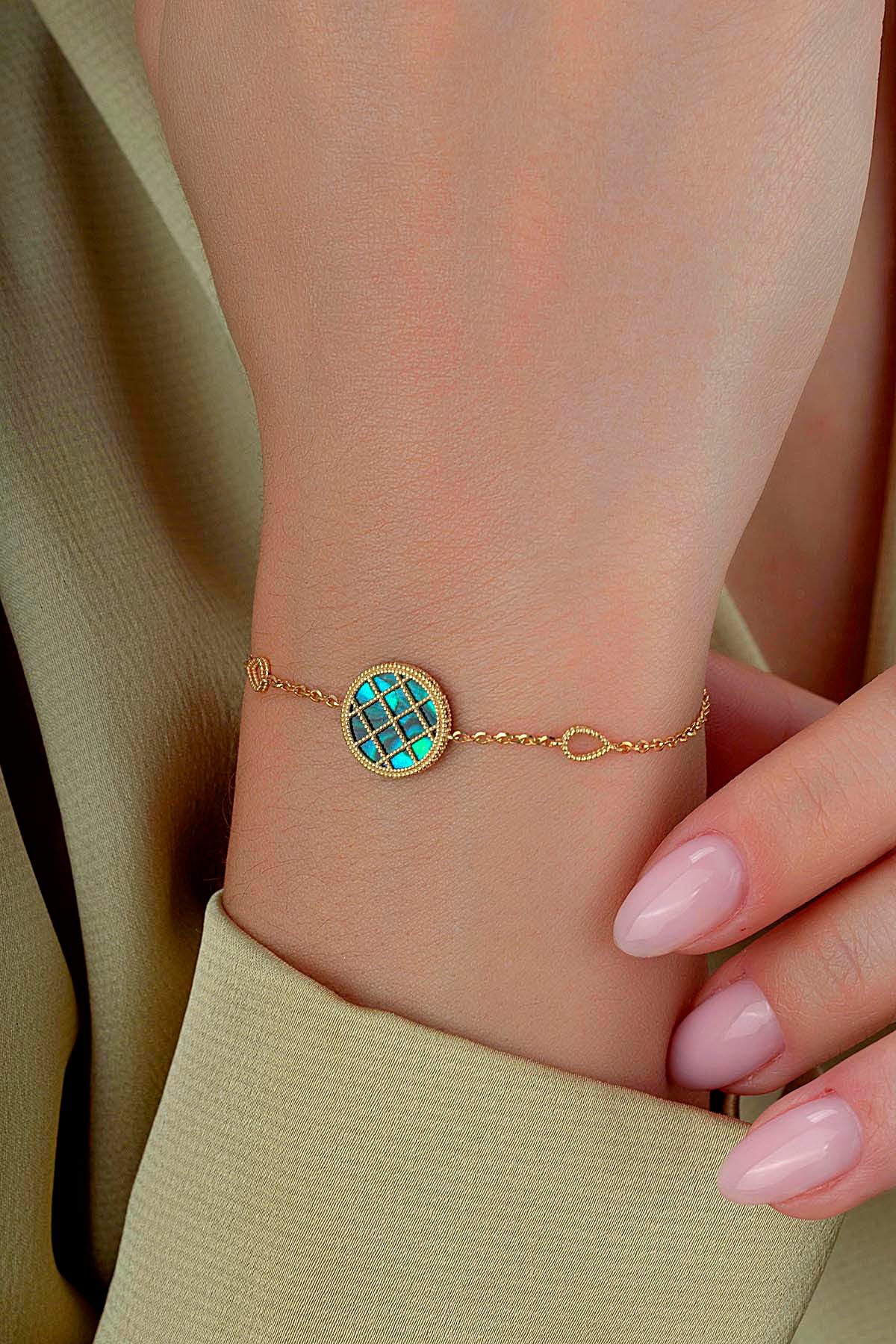 Reversible Green White Mother-of-Pearl Gold Bracelet