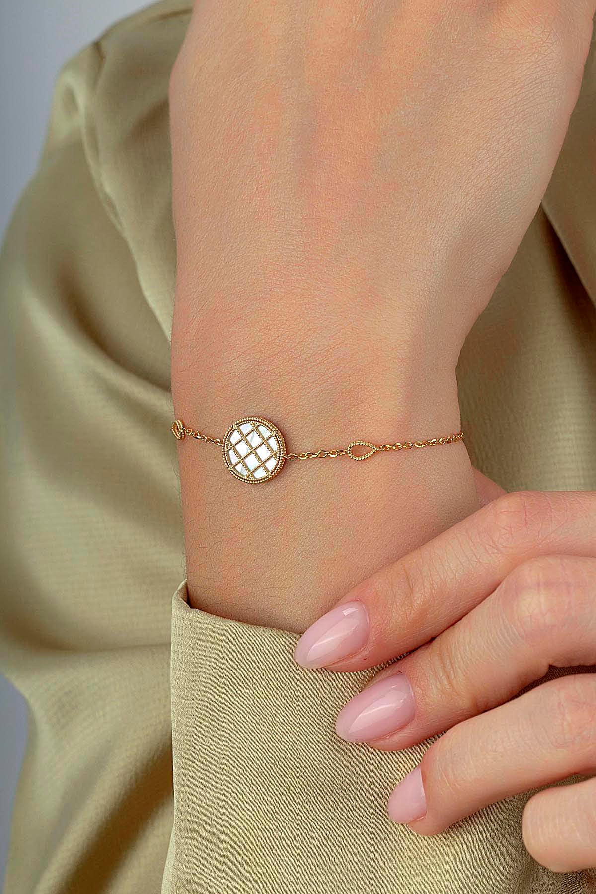 Reversible Green White Mother-of-Pearl Gold Bracelet