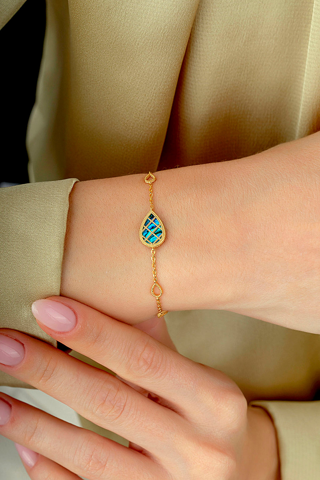 Reversible Blue White Mother-of-Pearl Pear Gold Bracelet