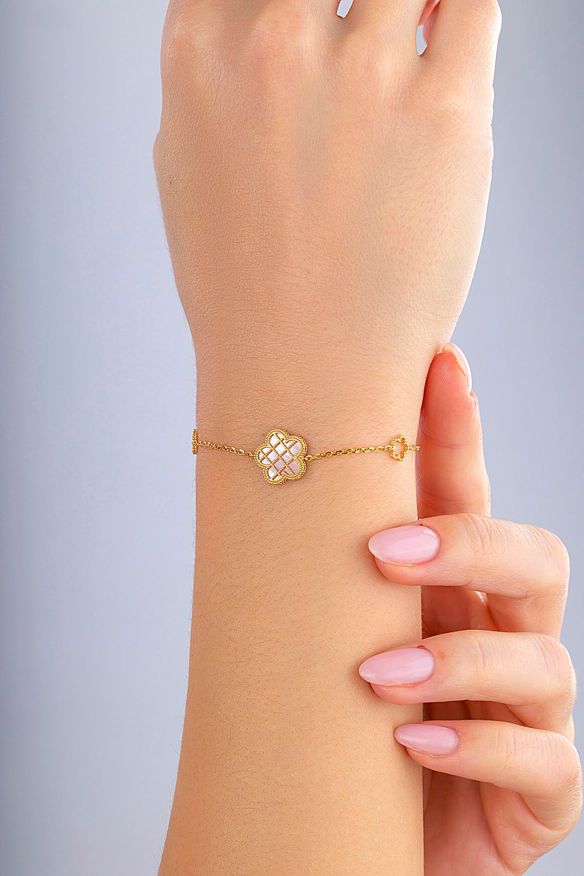 Reversible Pink White Mother-of-Pearl Floral Gold Bracelet