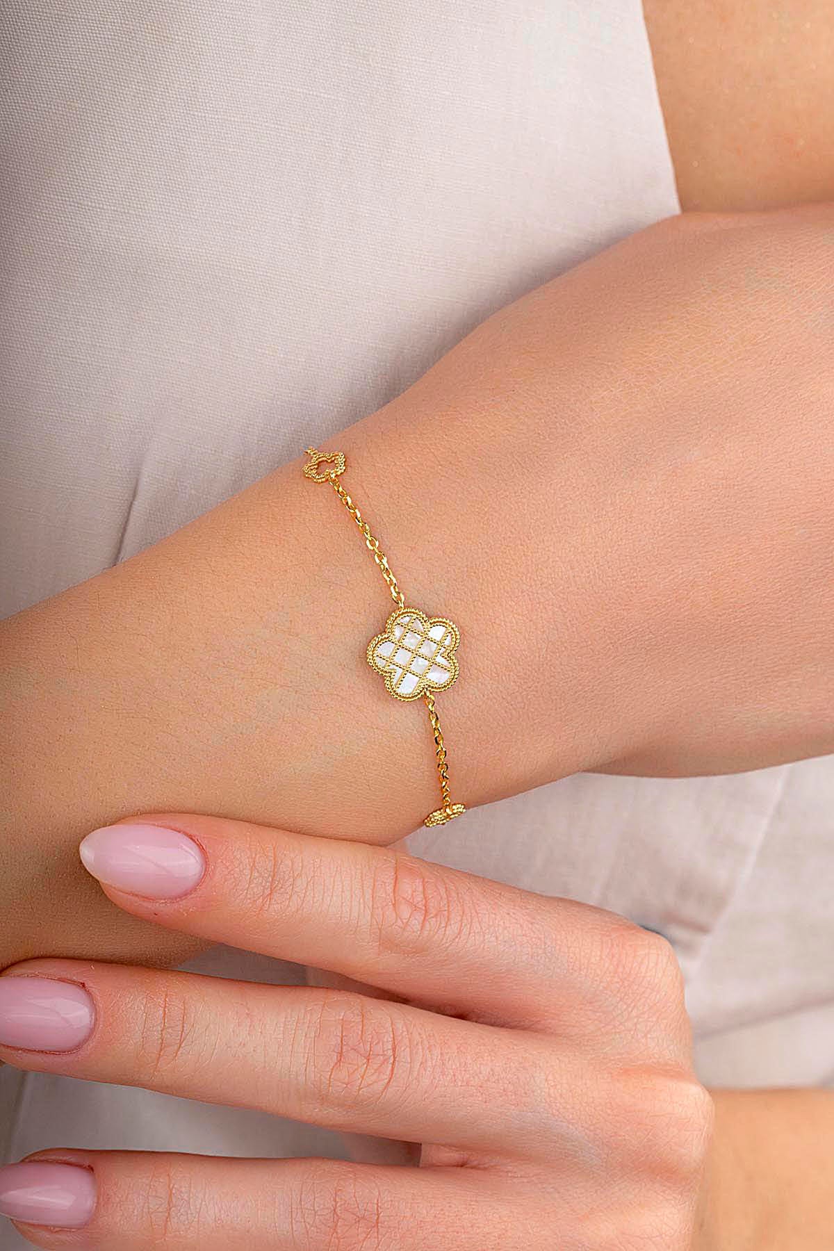 Reversible Pink White Mother-of-Pearl Floral Gold Bracelet